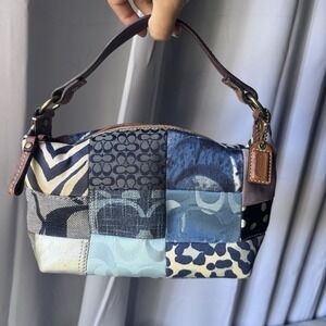Vtg Coach Patchwork Denim Blue Brown Multicolor Shoulder Bag Leather Handle